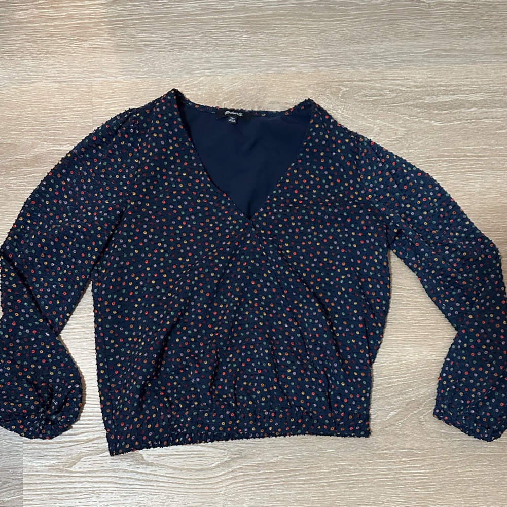 Madewell lyric wrap top - Navy Blouse with Colorful Dots